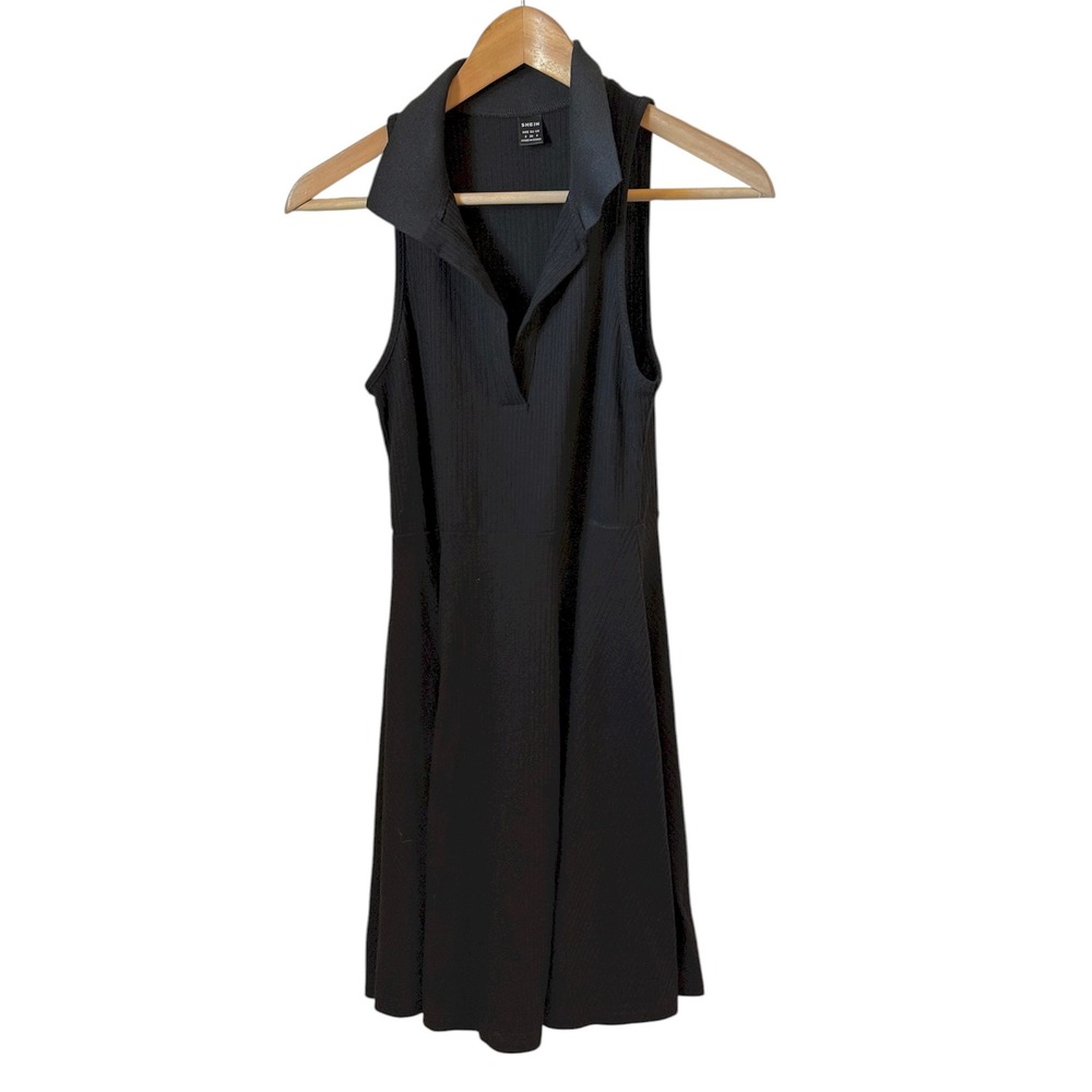 SHEIN Black Ribbed Collared Sleeveless Fit Flare Mini Dress Women's Size S